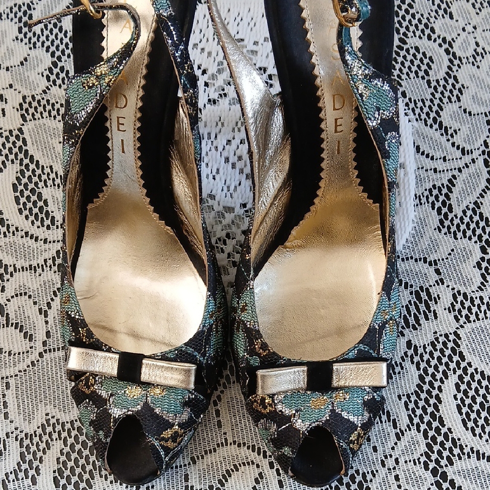 Casadei Black and Gold Peep-Toe Heels